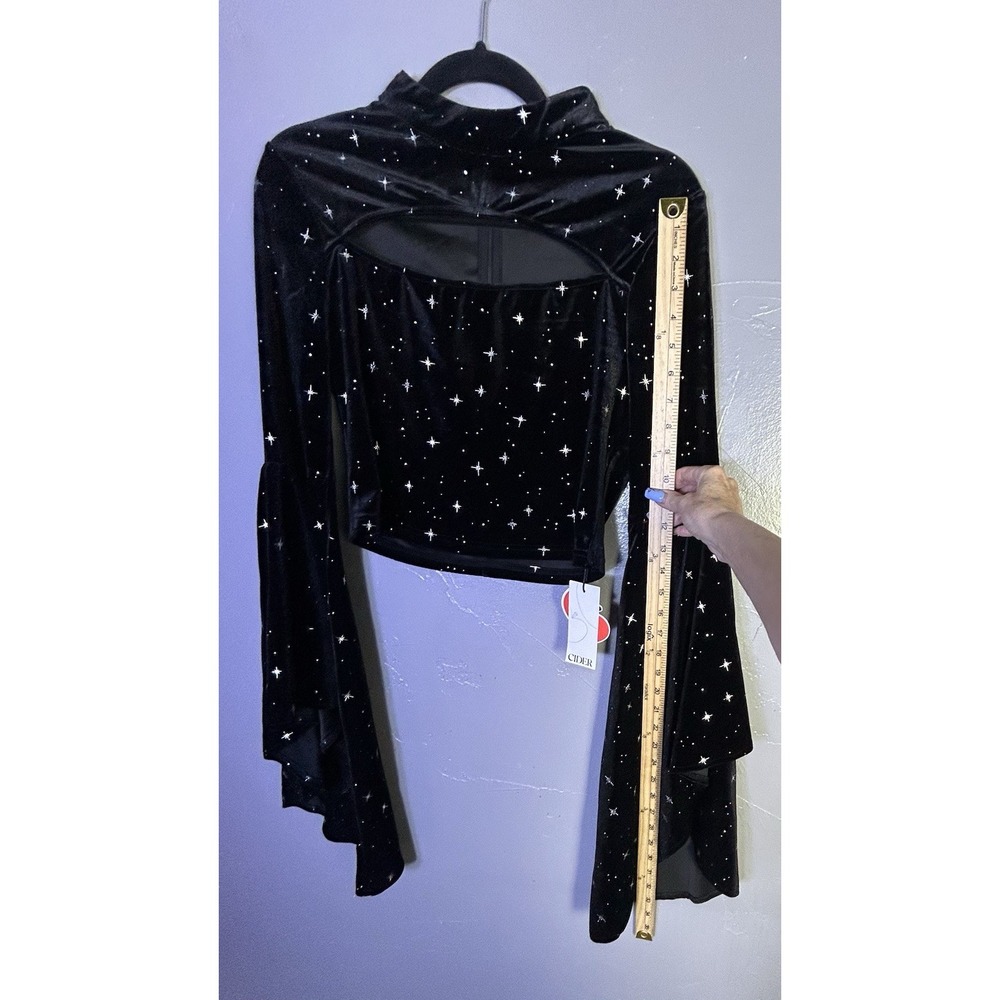 Cider Black Velvet Star Bell Sleeve Crop Top Celestial Whimsy Goth Women's L - Picture 11 of 11